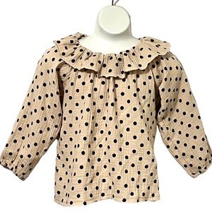 Girls Black and Cream Polka Dot Ruffled Neck Peasant Top in Soft Gauze Fabric